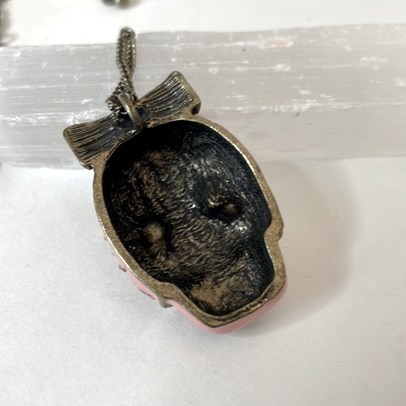 Sugar Skull Day of the Dead Rhinestone Bow Pink Necklace - Picture 2 of 3